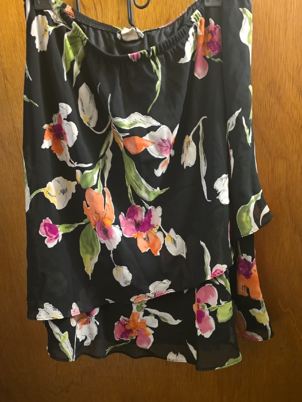 R&M Richards Black Floral Tiered Midi Skirt with Pink and Orange Blooms